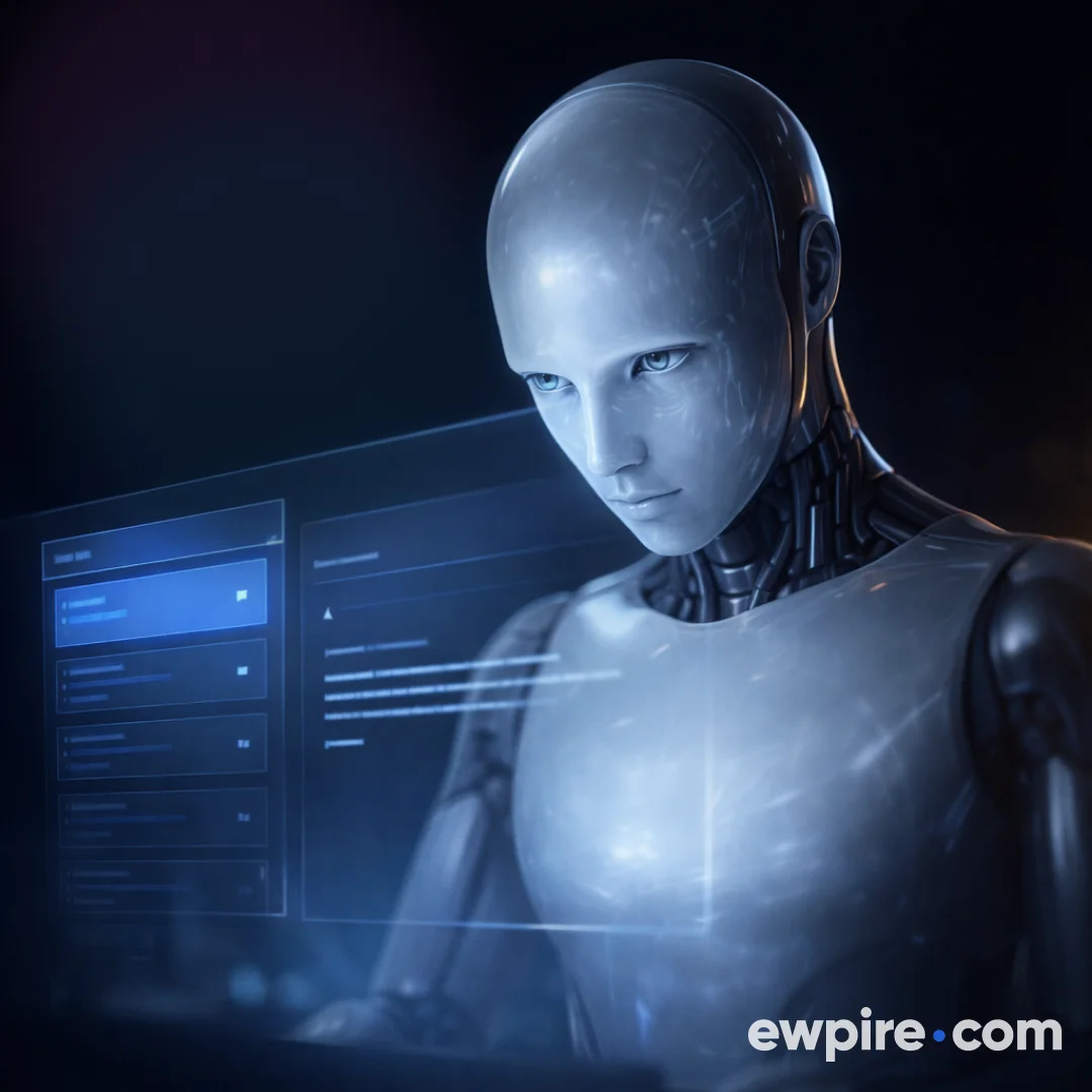 3D robot AI sales agent composing personalized cold email in dark cinematic interface – ewpire
